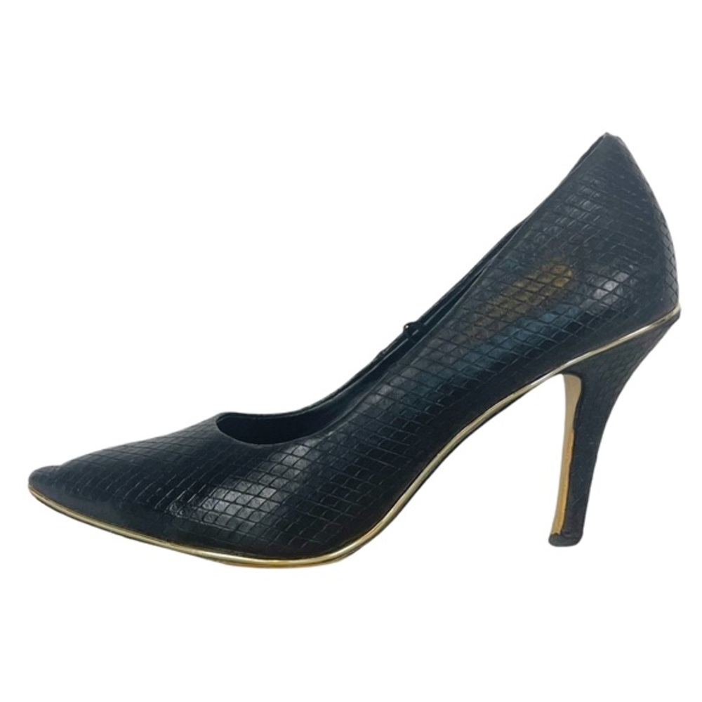 PEGGY Andrew Marc Black Vegan Leather Faux Snakeskin Gold Trim Stiletto Pump